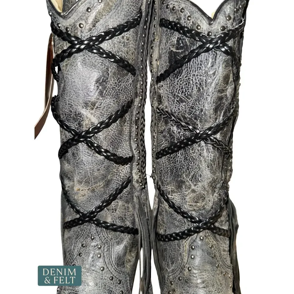 NEW Corral Brittney Fringe Braided Snip Toe Western Cowgirl Boots Grey‎ Black 6